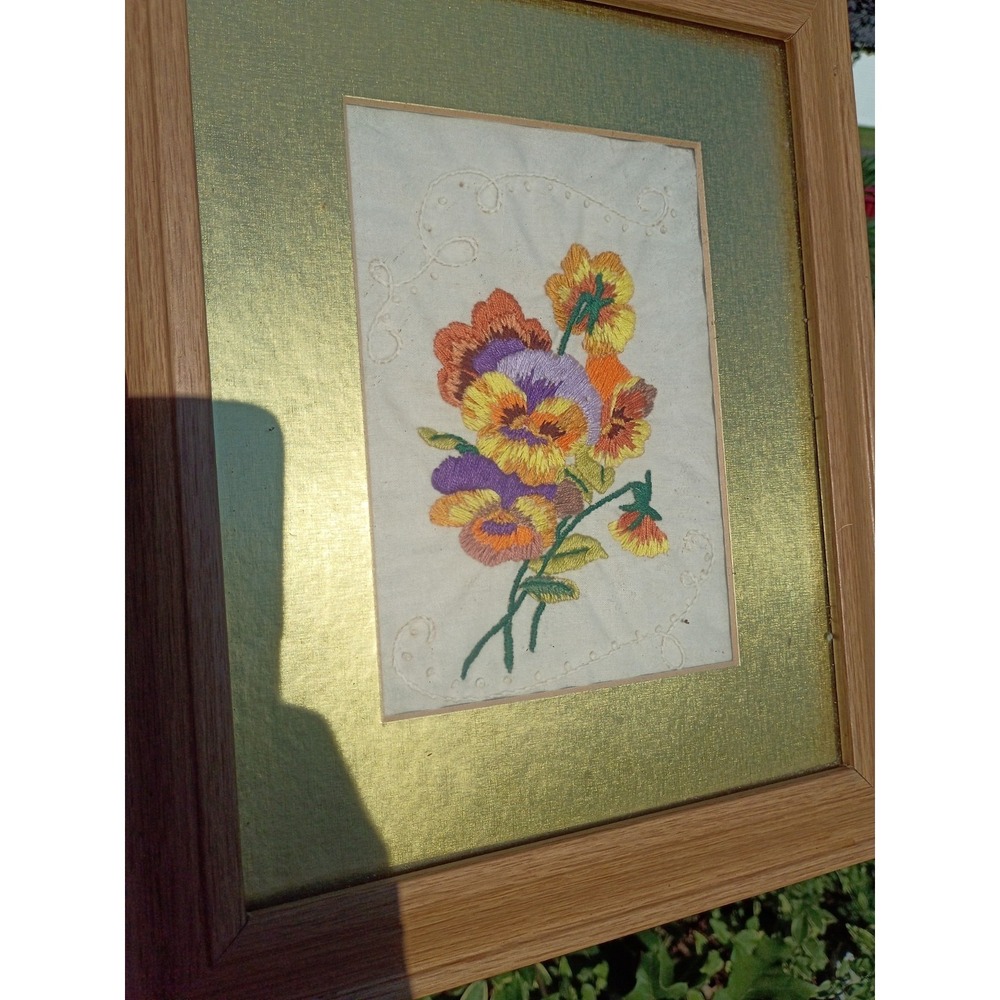 Framed Dolie, Hanky Needlepoint Pansies Flower Wood Framed 12x11 Cottage Core